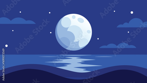 Minimalist Illustration of a Full Moon Over Water at Night with Clouds