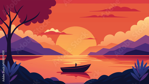 Minimalist Lake Sunset With Boat, Silhouette Mountains and Trees Illustration Design