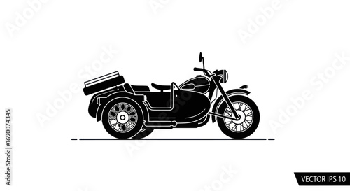 Black and White Classic Motorcycle with Sidecar Illustration.