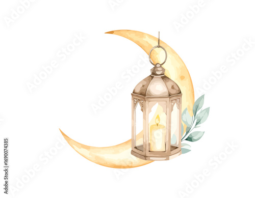 Watercolor Crescent Moon Lantern and Leaves Illustration.