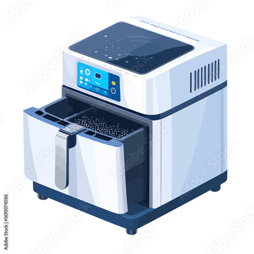 Modern Air Fryer Kitchen Appliance with Digital Display and Dual Baskets.