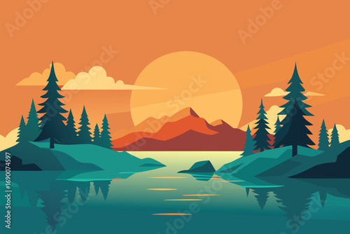 Minimalist Landscape with Mountains, Forest, and Reflections at Sunset Illustration