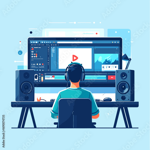 Video Editor at Work - Editing on Computer with Headphones and Speakers.