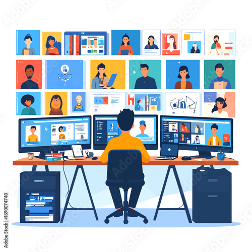 Man at desk with multiple monitors managing a large video conference.