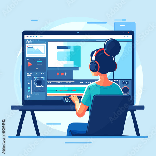Woman working on video editing software.