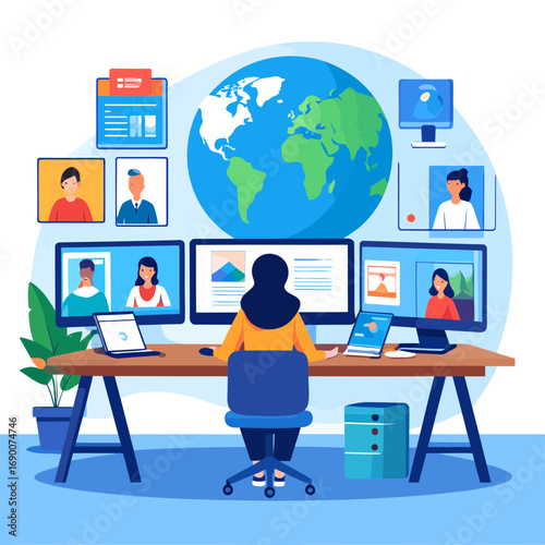 Woman working remotely with multiple screens for global collaboration and communication.