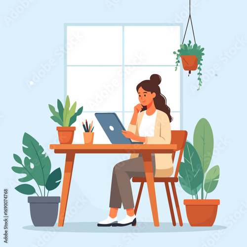 Woman working on laptop at home office.