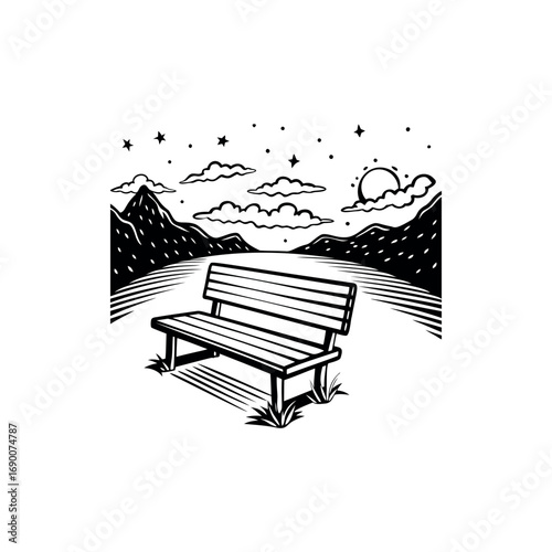 Monochrome scenic view featuring a park bench under a starry night sky silhouette vector