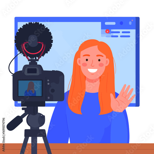 Smiling Woman Vlogging with Camera and Microphone.