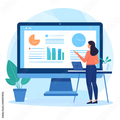 Businesswoman presenting data analysis on a large computer screen.