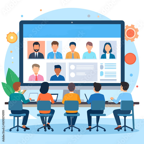 Online meeting of a group of people with video conference.