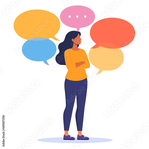 Thoughtful woman with crossed arms and multiple speech bubbles.