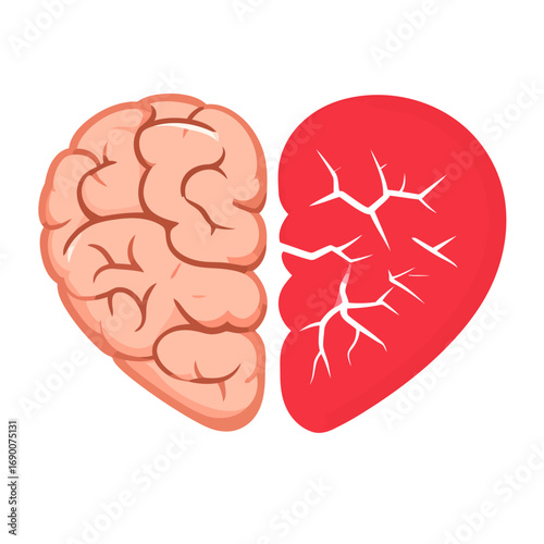 Conceptual Illustration of a Brain and a Broken Heart.