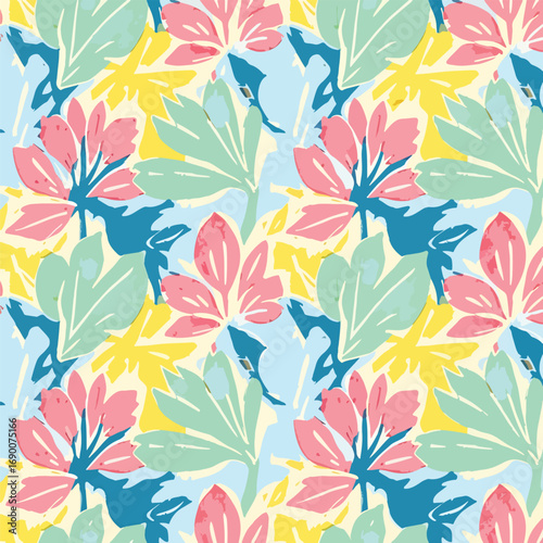 Vibrant botanical pattern featuring abstract floral and foliage elements design, seamless pattern, Stock royalty free image.