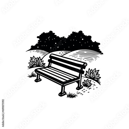 Monochrome park bench with landscape scenery featuring a hill and trees silhouette vector