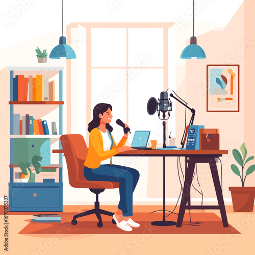 Young woman recording a podcast episode at her home studio desk.
