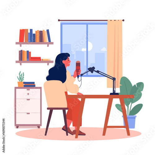 Woman recording a podcast in a home studio with microphone and desk.