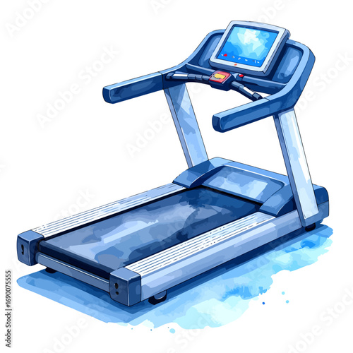 Watercolor illustration of a modern treadmill for fitness and exercise.
