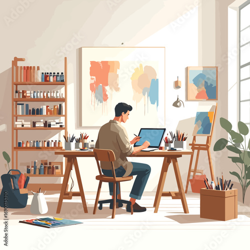 Artist working on laptop at creative studio desk.