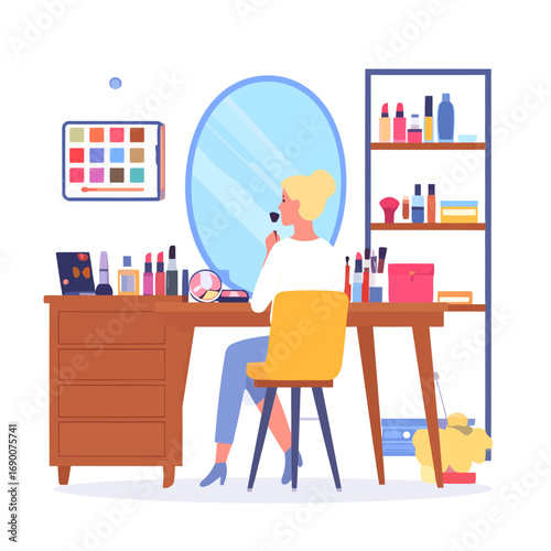 Woman applying makeup at a vanity table.