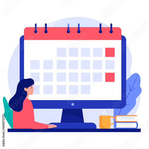 Woman working on computer with calendar for scheduling appointments and planning.