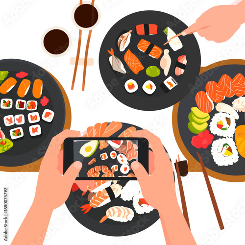 People enjoying and photographing a variety of sushi and sashimi dishes.