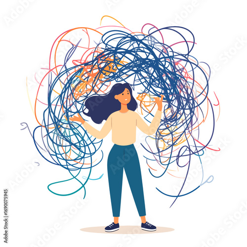 Woman surrounded by tangled lines representing confusion and stress.