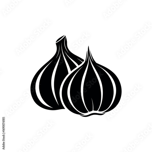 Bold black and white minimalist illustration of two garlic bulbs with cloves silhouette vector