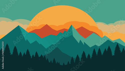 Mountain Landscape with Forest Silhouette Under a Retro Sunrise or Sunset Illustration