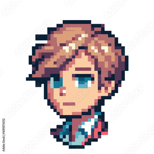 Detailed pixel art icon featuring a male protagonist's face. Retro computer graphic illustration suitable for a fantasy RPG hero or avatar