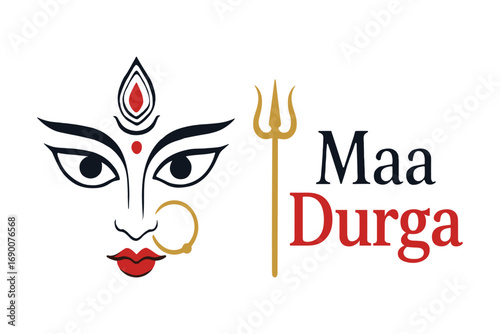 Durga goddess face vector illustration with forehead symbol nose ring and trishul symbol in minimal festive artwork isolated on transparent background