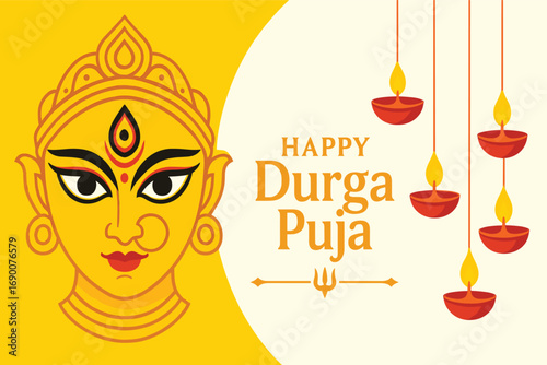 Durga goddess face vector illustration with crown earrings nose ring and hanging oil lamps in festive artwork for puja celebration