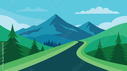 Mountain Road Landscape with Evergreen Trees, Rolling Hills, and Clouds Illustration Style