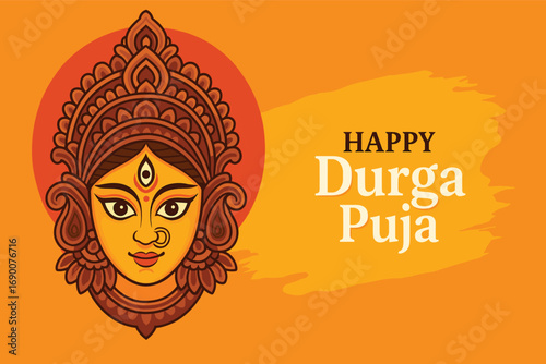 Durga goddess face vector illustration with ornate crown earrings nose ring and festive halo background for puja celebration