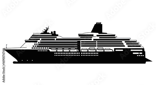 Silhouette of a large, multi-decked passenger cruise ship.