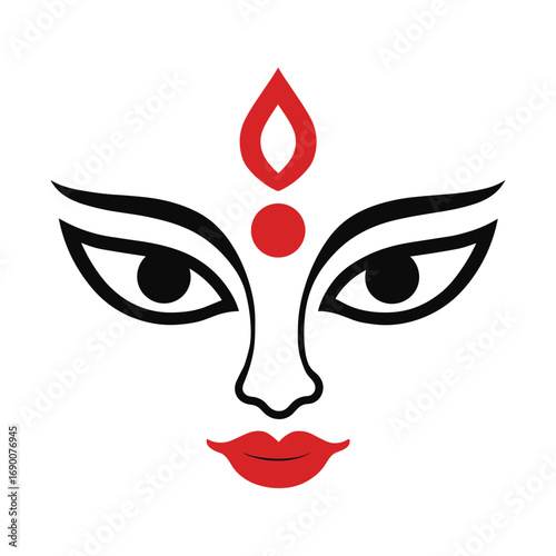 Vector illustration of goddess Durga face with red lips and traditional decorative forehead symbol for Durga Puja celebration isolated on transparent background
