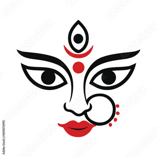 Vector illustration of goddess Durga face with red lips, nose ring, and decorative forehead design for Durga Puja celebration isolated on transparent background