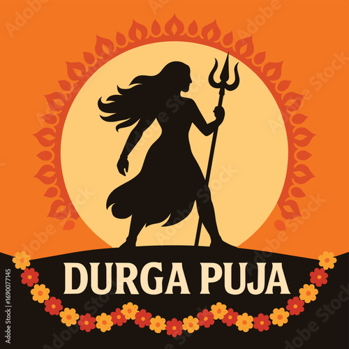 Vector illustration of goddess Durga silhouette holding trident with sun background and Durga Puja festival design