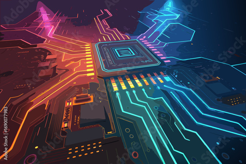 Vibrant Futuristic Circuit With Neon Professional Photo