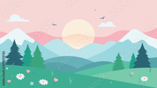 Pastel Mountain Landscape Illustration Sunrise, Green Fields, Flowers, Evergreen Trees and Birds in Sky