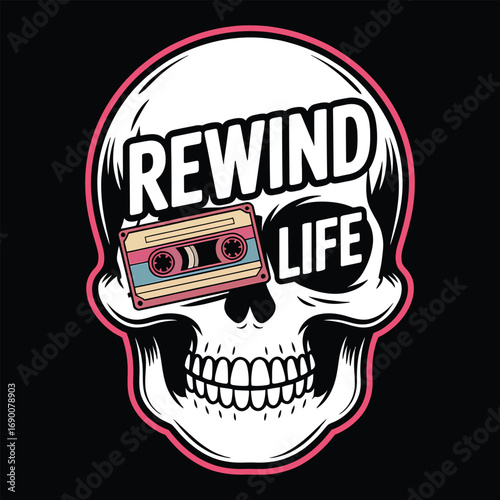 Skull with cassette tape and text retro music