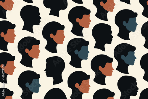 Pattern of Silhouetted, Tan, and Blue Human Head Profiles on a Cream Background