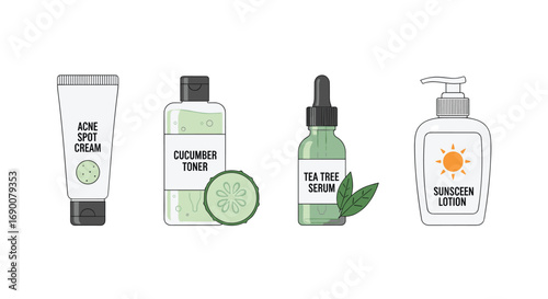 Discover your best skin with acne cream cucumber toner tea tree serum and sunscreen lotion, Generative AI.