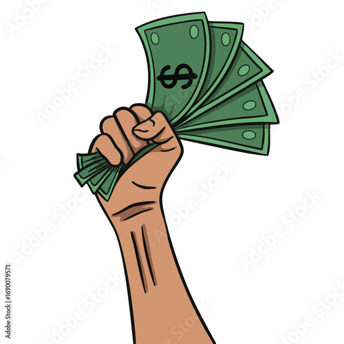 Digital illustration of a hand tightly holding multiple US dollar bills, cartoon-style concept symbolizing wealth, prosperity, financial power, investment, savings, and the importance of money