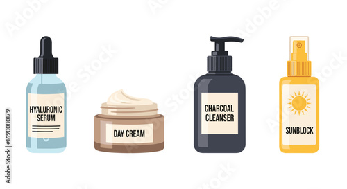 Discover radiant skin with essential skincare products hyaluronic serum day cream charcoal cleanser and sunblock, Generative AI.