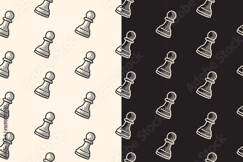 Chess pawns engraving seamless pattern on black beige background. Chess piece hand drawn doodle pattern background. Pawn chess figure hatching motif wallpaper. Board game packaging and merchandise