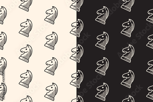 Horse chess piece engraving seamless pattern on black beige background. Chess horse hand drawn doodle pattern background. Horse chess figure hatching motif wallpaper. Chessboard game merchandise