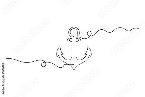 Anchor Continuous Line Art Vector  Minimalist Nautical Symbol Design.