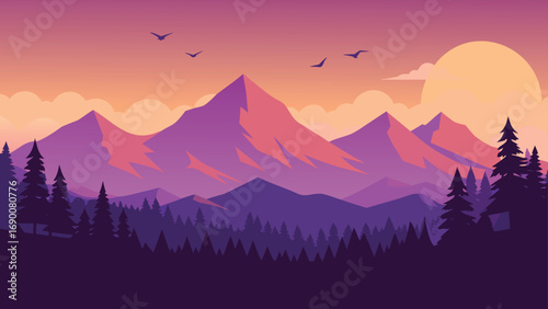 Purple Mountain Landscape with Silhouetted Trees, Birds, and a Large Sun at Sunset