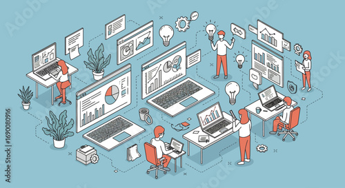 Line art vector illustration of office workers with laptop, charts, light bulb ideas, and teamwork